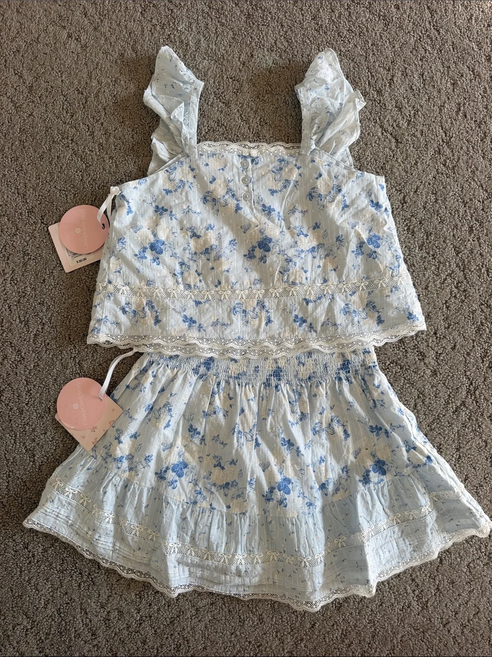 LoveShackFancy Ruffle Tank & Tiered Skirt Set Cottagecore Floral Bundle Girls 14